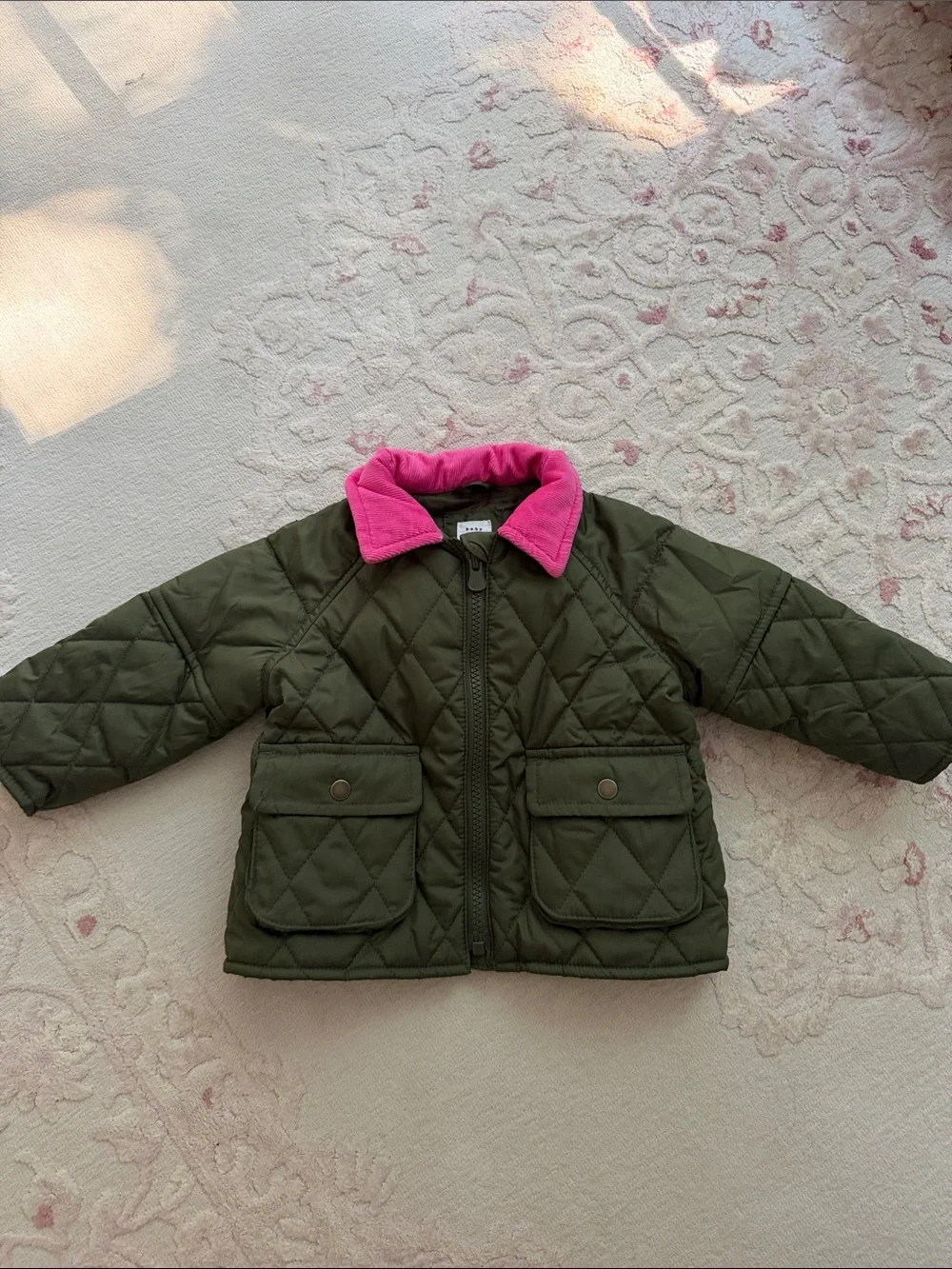 Baby Gap Quilted Jacket / Barn Coat with Pink Collar - Olive Green